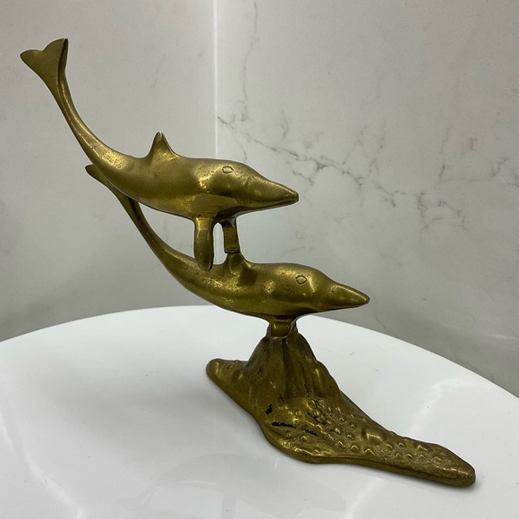 Vintage brass sculpture dolphins swimming - Picture 1 of 7